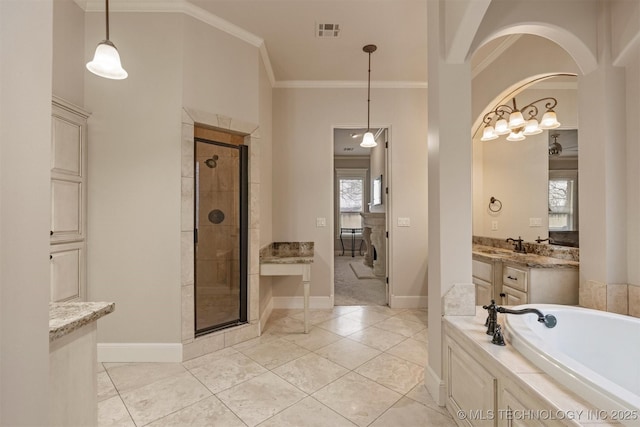 11870 S Oswego Ave, Tulsa, OK 74137 - bathroom featuring a stall shower, a bath, crown molding, vanity, and baseboards