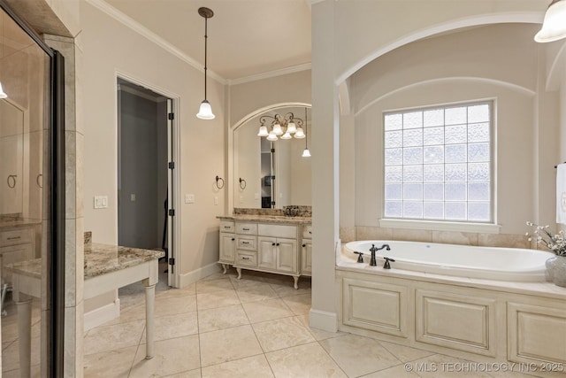 11870 S Oswego Ave, Tulsa, OK 74137 - bathroom featuring vanity, a bath, a shower stall, and ornamental molding
