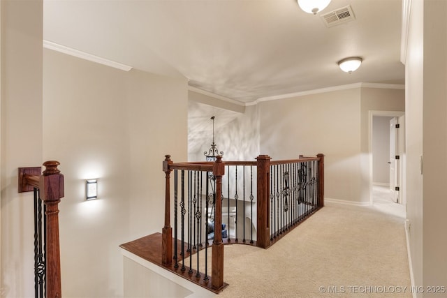 11870 S Oswego Ave, Tulsa, OK 74137 - hallway with an upstairs landing, ornamental molding, carpet floors, and baseboards