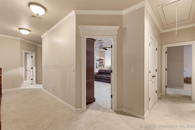 11870 S Oswego Ave, Tulsa, OK 74137 - hallway featuring attic access, carpet floors, ornamental molding, and baseboards