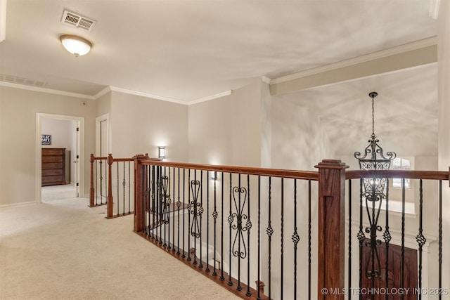 11870 S Oswego Ave, Tulsa, OK 74137 - hallway featuring carpet, a chandelier, crown molding, and baseboards