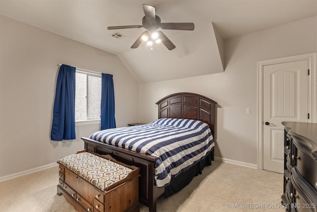 11870 S Oswego Ave, Tulsa, OK 74137 - bedroom featuring light carpet, lofted ceiling, baseboards, and a ceiling fan