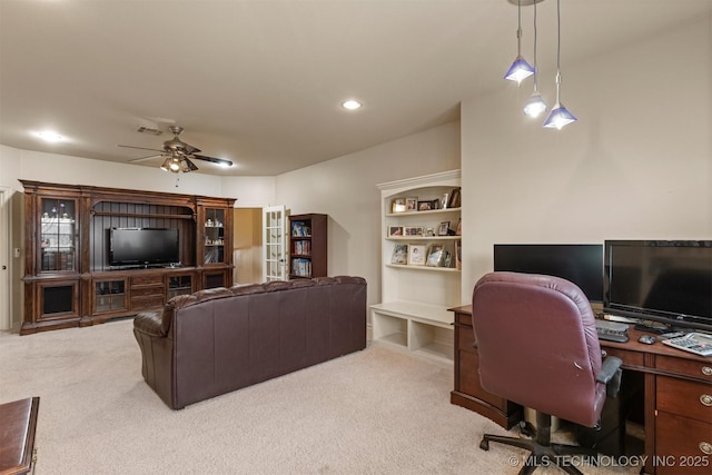 11870 S Oswego Ave, Tulsa, OK 74137 - carpeted living area featuring a ceiling fan, a desk, and recessed lighting