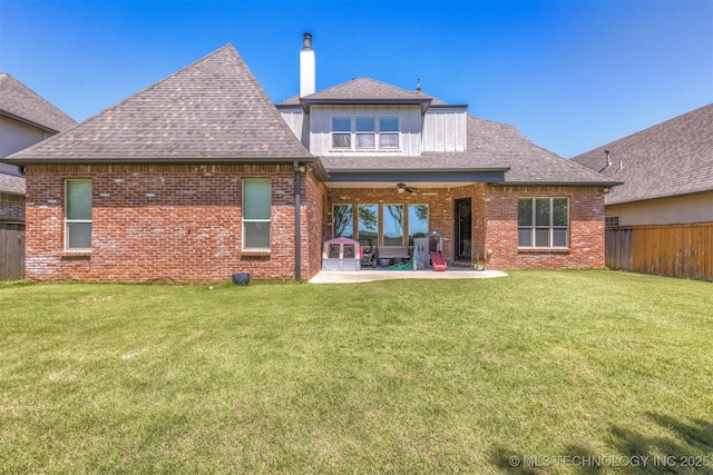 11870 S Oswego Ave, Tulsa, OK 74137 - rear view of house featuring a ceiling fan, a shingled roof, a patio area, and brick siding