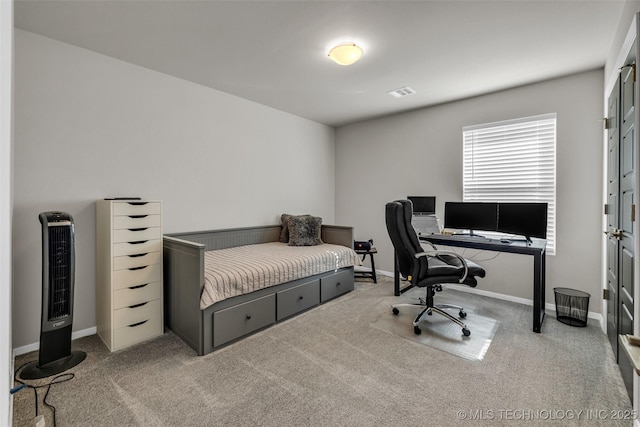 bedroom with carpet flooring, visible vents, and baseboards