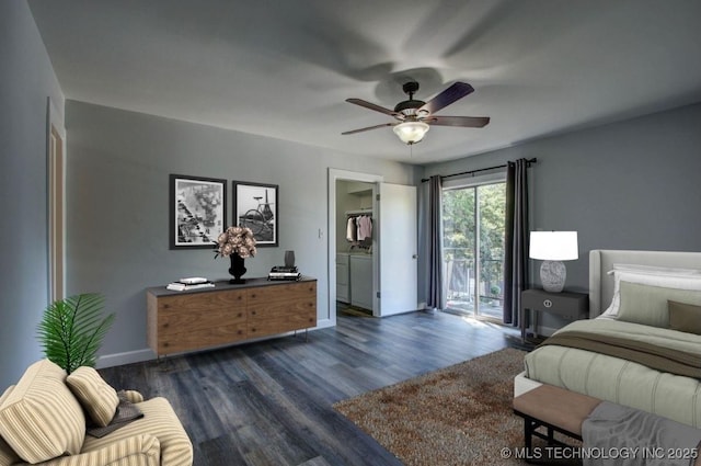 bedroom with ceiling fan, baseboards, access to exterior, dark wood-style floors, and washing machine and clothes dryer