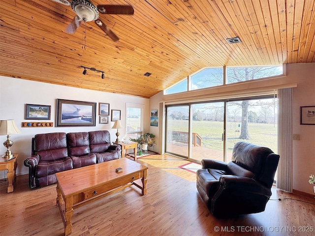 living room featuring wood ceiling, light wood-style flooring, visible vents, and vaulted ceiling