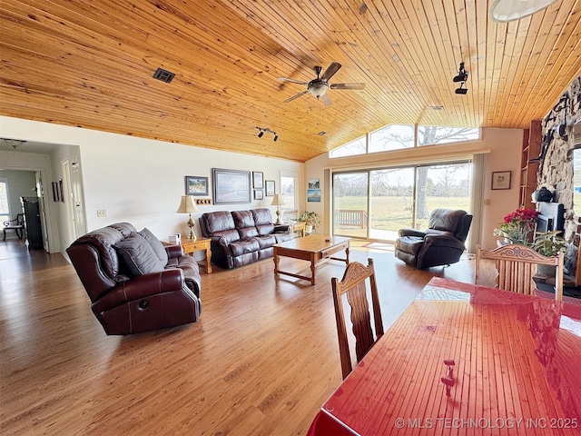 dining space featuring visible vents, ceiling fan, wood ceiling, wood finished floors, and vaulted ceiling