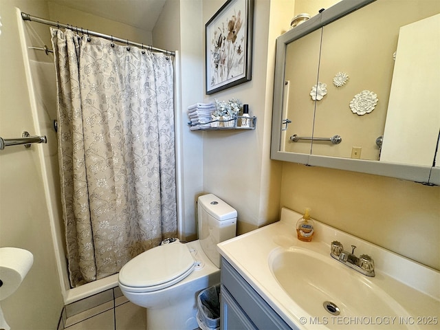 full bath featuring curtained shower, vanity, toilet, and tile patterned floors