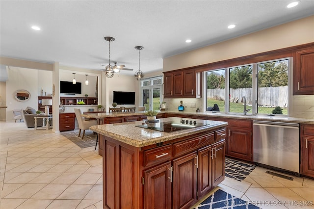 kitchen featuring decorative backsplash, open floor plan, stainless steel dishwasher, and black electric cooktop