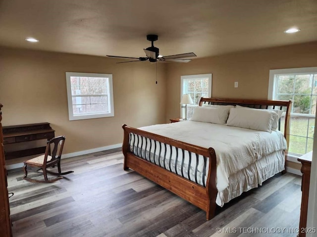 bedroom with multiple windows, wood finished floors, and baseboards