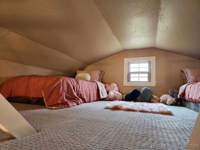 bedroom featuring lofted ceiling and a textured ceiling