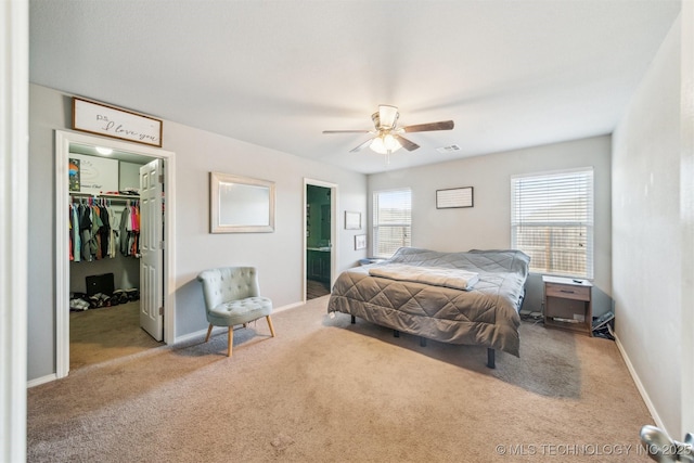 carpeted bedroom featuring ceiling fan, visible vents, baseboards, a closet, and a walk in closet