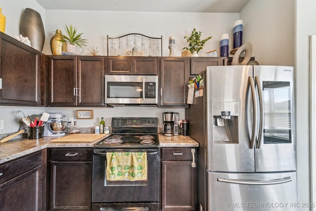 kitchen with appliances with stainless steel finishes, dark brown cabinetry, and light stone countertops