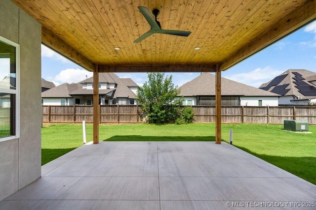 12030 S Vandalia Ave, Tulsa, OK 74137 - fenced backyard with a ceiling fan and a patio