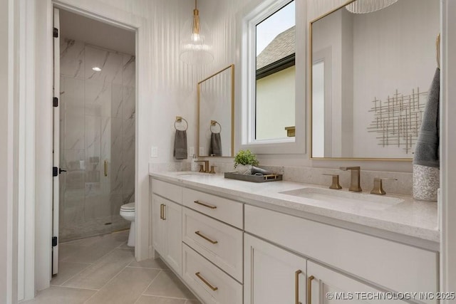 12030 S Vandalia Ave, Tulsa, OK 74137 - full bathroom featuring a marble finish shower, double vanity, tile patterned floors, and plenty of natural light