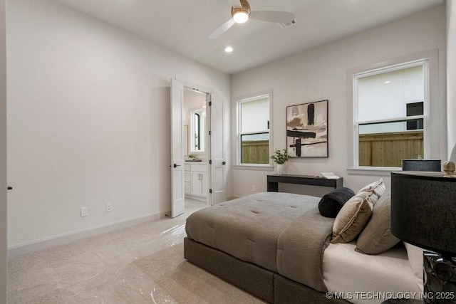 12030 S Vandalia Ave, Tulsa, OK 74137 - carpeted bedroom with recessed lighting, ensuite bathroom, and ceiling fan