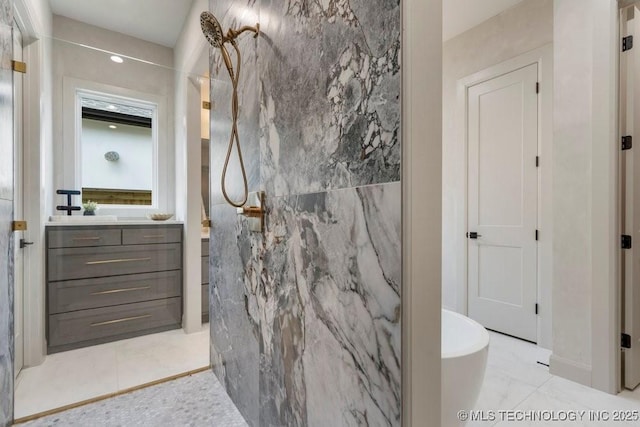 12030 S Vandalia Ave, Tulsa, OK 74137 - bathroom featuring a marble finish shower, vanity, and a freestanding tub