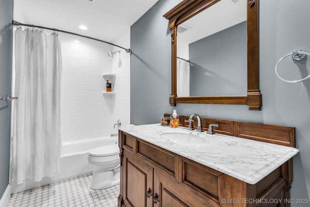 bathroom with toilet, shower / bathtub combination with curtain, and vanity