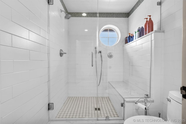 full bathroom featuring toilet and a stall shower