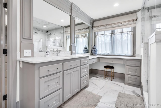 full bathroom with recessed lighting, vanity, marble finish floor, ornamental molding, and a marble finish shower