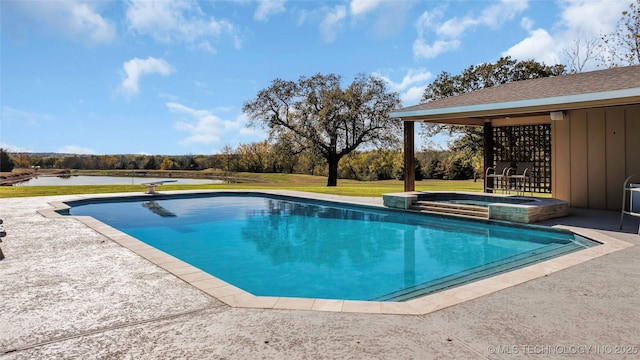 view of pool featuring a pool with connected hot tub, a water view, a lawn, and a patio