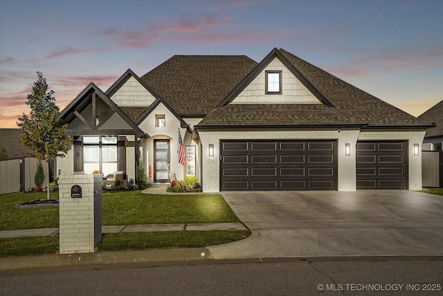 view of front of house with concrete driveway, brick siding, roof with shingles, and an attached garage