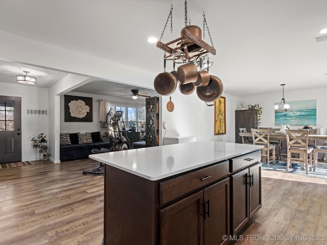 kitchen with light wood-style floors, open floor plan, light countertops, and dark brown cabinetry