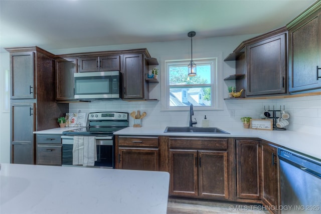 kitchen with stainless steel appliances, a sink, decorative backsplash, and open shelves