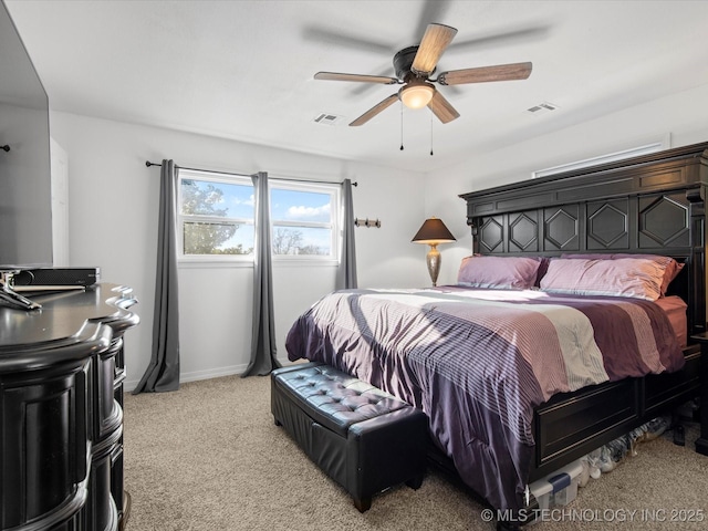 bedroom featuring visible vents, ceiling fan, light carpet, and baseboards