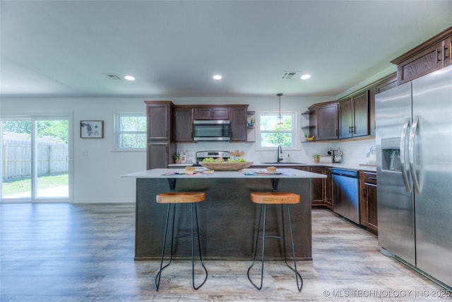 kitchen featuring a kitchen island, stainless steel appliances, visible vents, and a sink