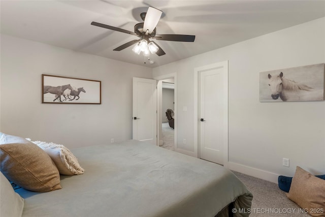 bedroom featuring ceiling fan, carpet, and baseboards