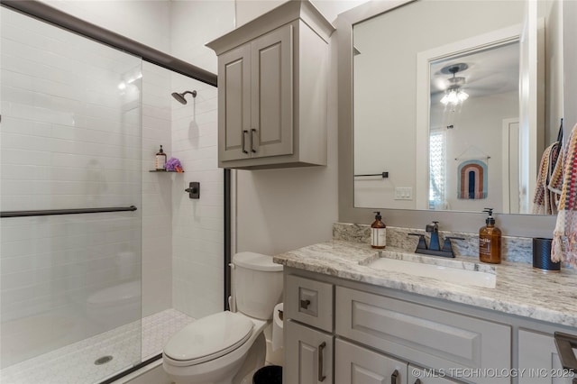 full bath featuring toilet, a shower stall, and vanity