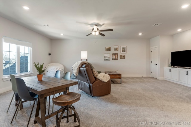 2715 E 136th St S, Bixby, OK 74008 - dining space with light colored carpet, recessed lighting, and a ceiling fan