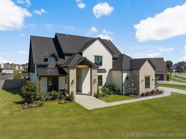 2715 E 136th St S, Bixby, OK 74008 - view of front of property with a standing seam roof, a residential view, roof with shingles, a metal roof, and stone siding