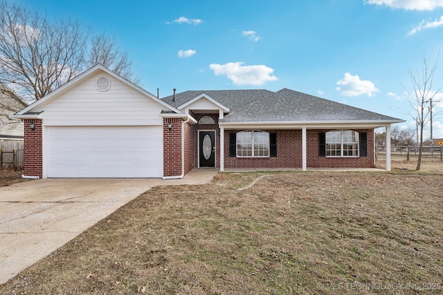 single story home with brick siding, roof with shingles, concrete driveway, an attached garage, and fence