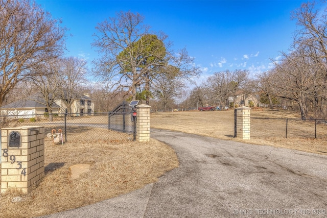 view of street with driveway, a gated entry, and a gate