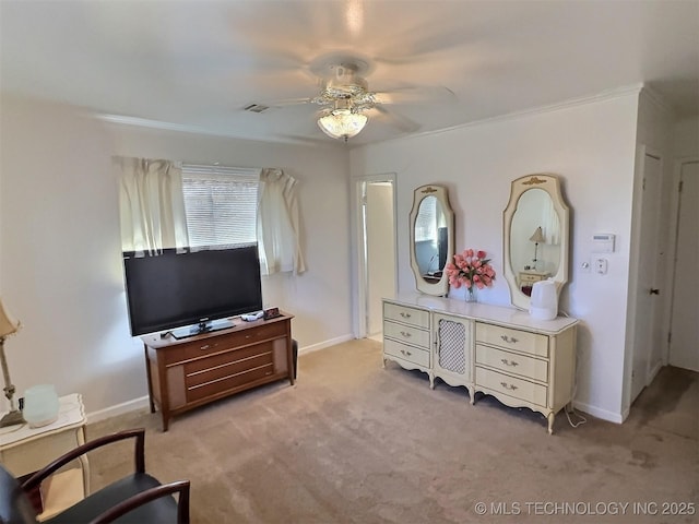 bedroom with ceiling fan, light colored carpet, visible vents, baseboards, and ornamental molding