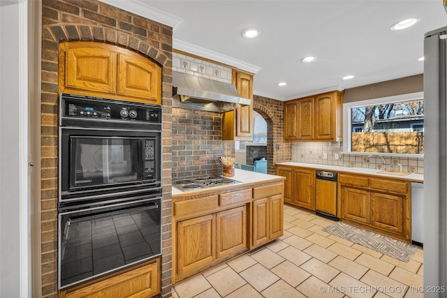 kitchen with a sink, exhaust hood, appliances with stainless steel finishes, tasteful backsplash, and crown molding