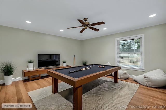 game room with recessed lighting, pool table, light wood-style floors, a ceiling fan, and baseboards