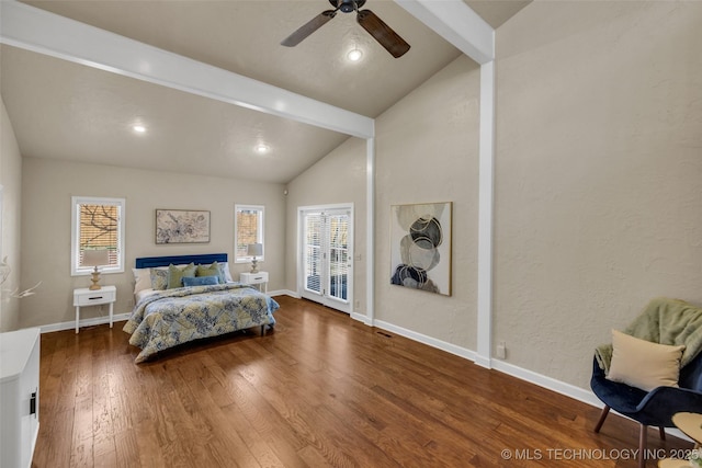 bedroom featuring lofted ceiling with beams, wood finished floors, a ceiling fan, and baseboards