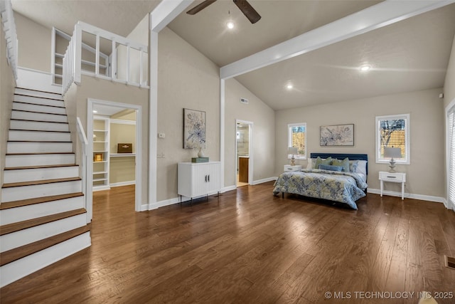 bedroom with beam ceiling, wood-type flooring, high vaulted ceiling, and baseboards