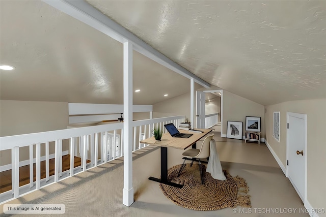 home office featuring lofted ceiling, visible vents, a textured ceiling, and recessed lighting