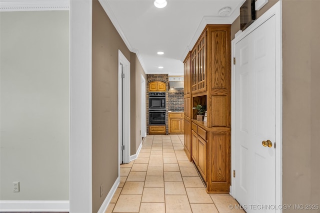 hall with light tile patterned floors, crown molding, baseboards, and recessed lighting