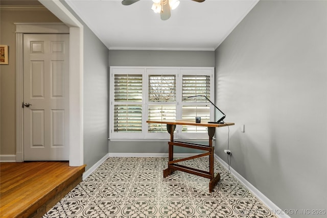 office with crown molding, baseboards, and ceiling fan