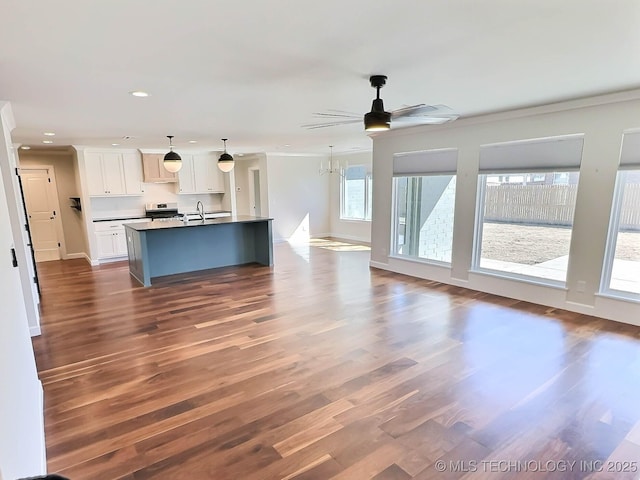 interior space with dark wood-style floors, baseboards, a sink, and recessed lighting