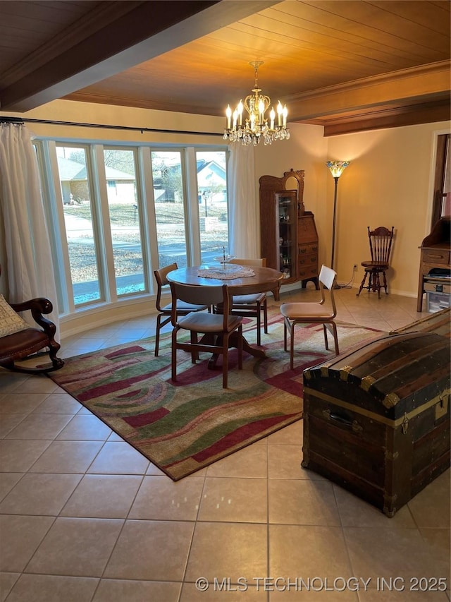 dining room with ornamental molding, light tile patterned flooring, wood ceiling, and an inviting chandelier