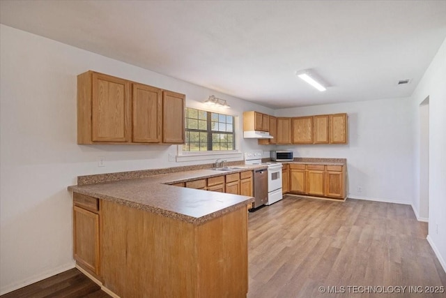 kitchen with visible vents, wood finished floors, a peninsula, under cabinet range hood, and white range with electric cooktop