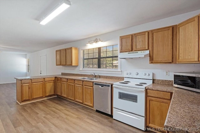 kitchen featuring a peninsula, stainless steel appliances, light wood-type flooring, under cabinet range hood, and a sink