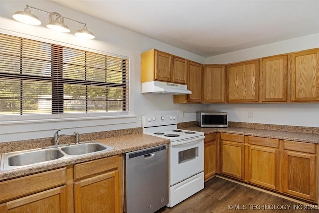 kitchen featuring under cabinet range hood, stainless steel appliances, a sink, light countertops, and dark wood-style floors